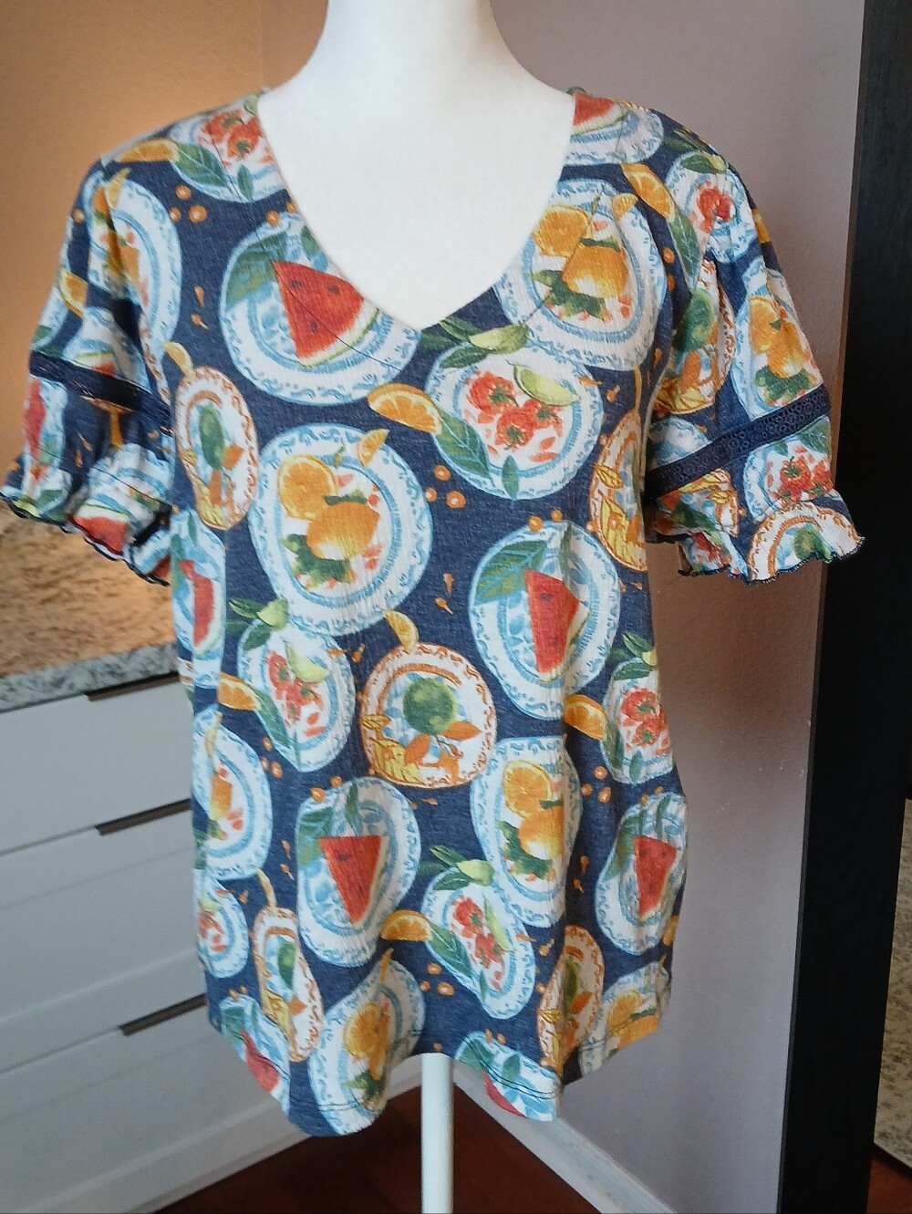 Fred David Blue Fruits Blouse Lemon Orange Watermelon Navy Short Sleeve Sz L